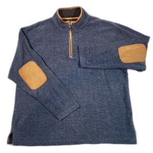 Orvis Quarter Zip Sweater Heather Blue Leather Elbow Patches Mock Neck XL
